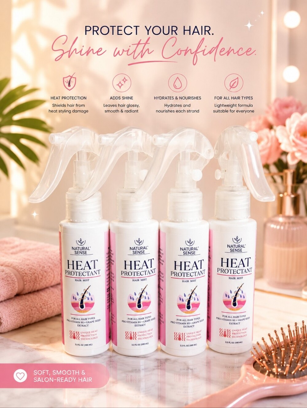 🌿NATURAL SENSE HEAT PROTECTANT HAIR MIST W / GRAPE SEED EXTRACT & VITAMIN B5 4x